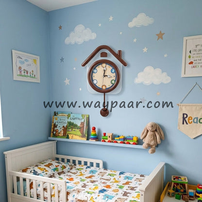 Cute House-Shaped Kids Wall Clock with Swinging Pendulum & Cartoon Hands