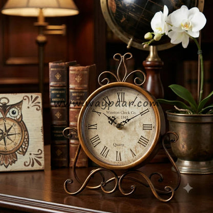 Antique Bronze Rustic Table Clock – Vintage Metal Desk Decor