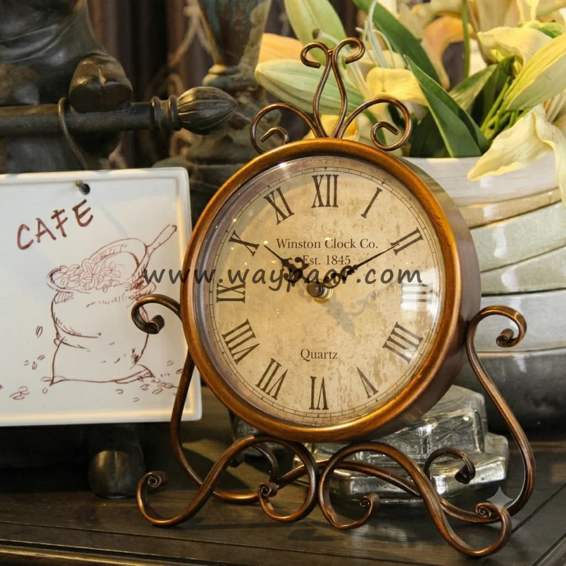 Antique Bronze Rustic Table Clock – Vintage Metal Desk Decor