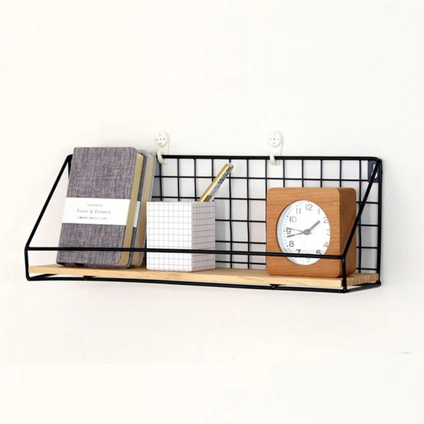 Iron shelf with wooden base.