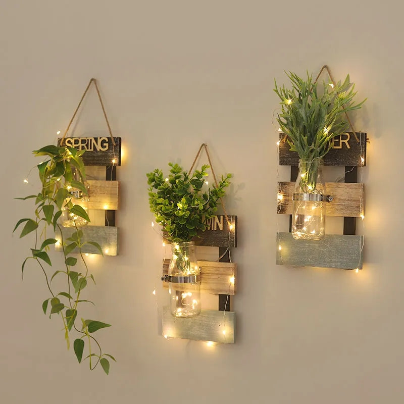 Led glass jar with flower arrangement in beautiful look wooden hanging.