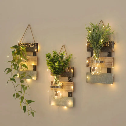 Led glass jar with flower arrangement in beautiful look wooden hanging.