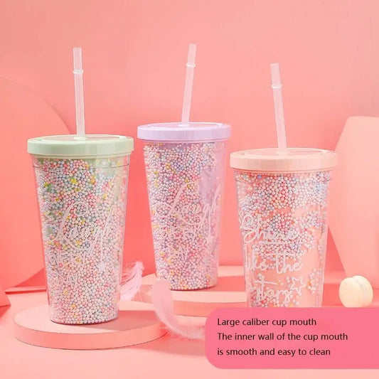 Rainbow color double layer plastic water bottle with straws Milk cup