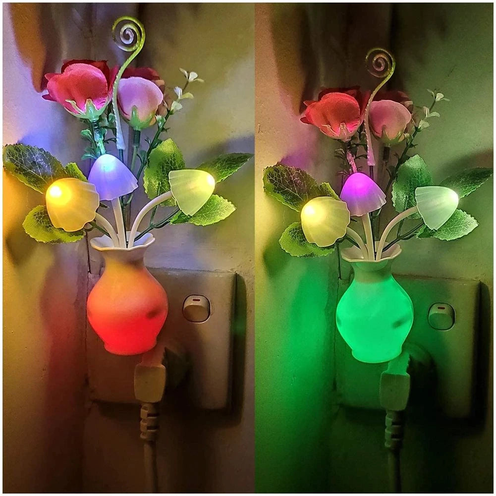 LED Night Light With Sensor Plug-in Auto Switch Rose Flower Mushroom Night Lamp Wall Light