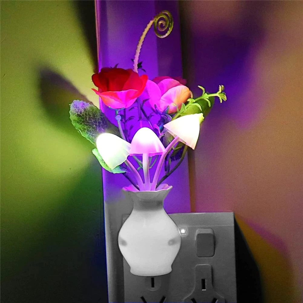 LED Night Light With Sensor Plug-in Auto Switch Rose Flower Mushroom Night Lamp Wall Light