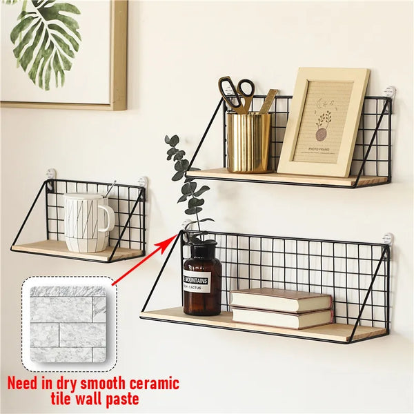 Iron shelf with wooden base.