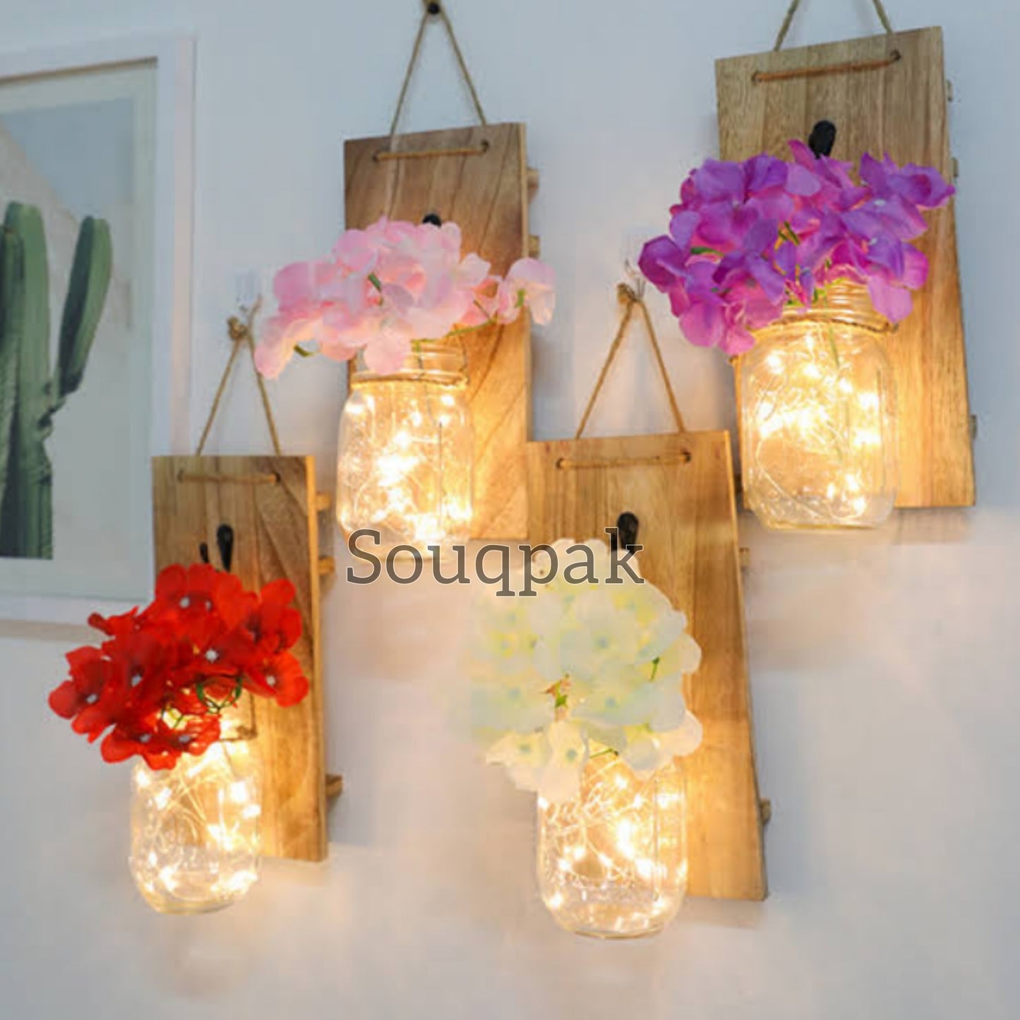Flower Garland Jar home decoration flower led jar with wooden hanging