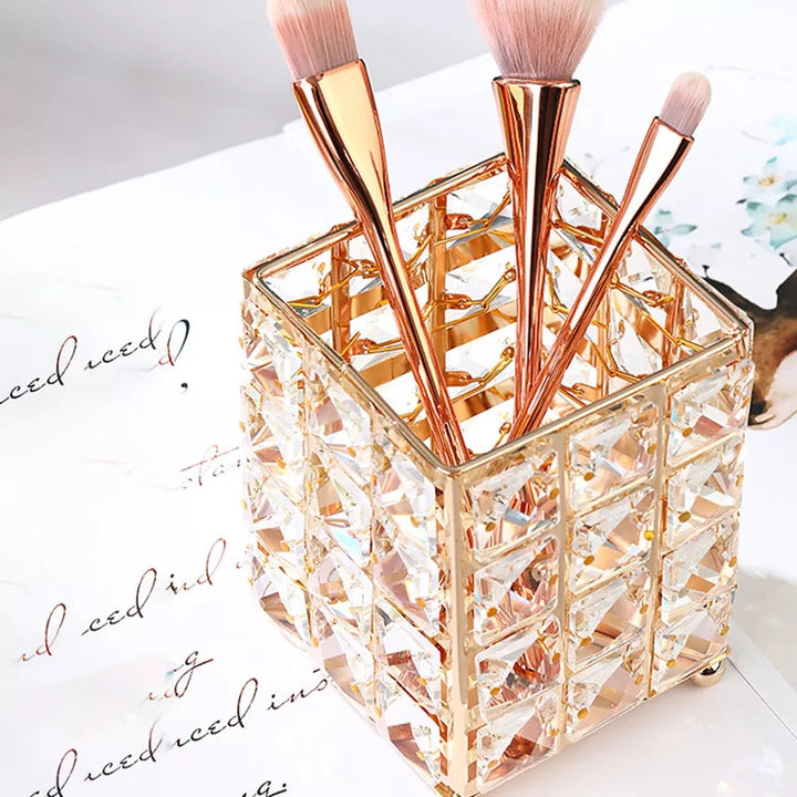 Crystal brush holder in golden color