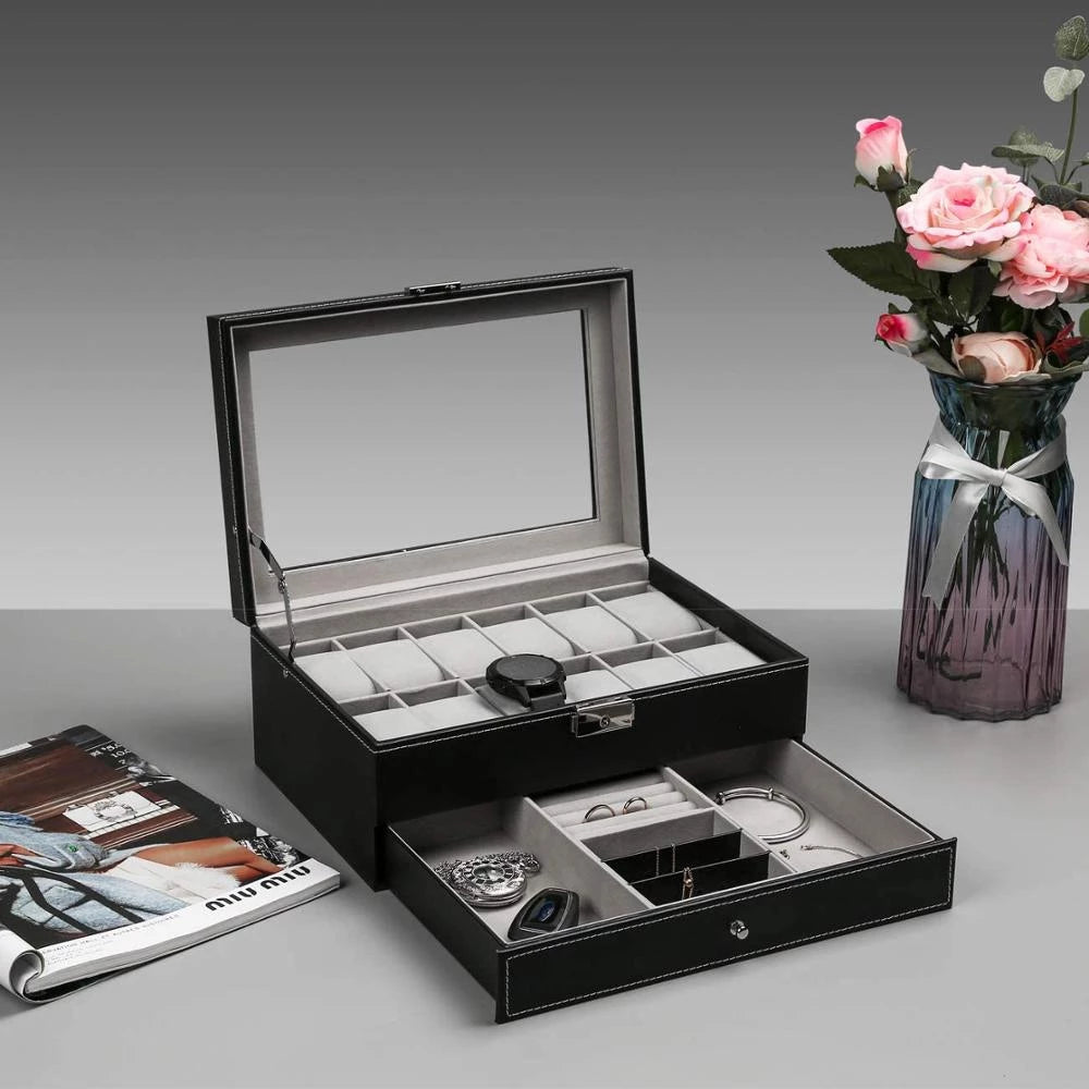 Double Layer 12 Grid Watch organzier and jewellery Organizer in best quality leather material.