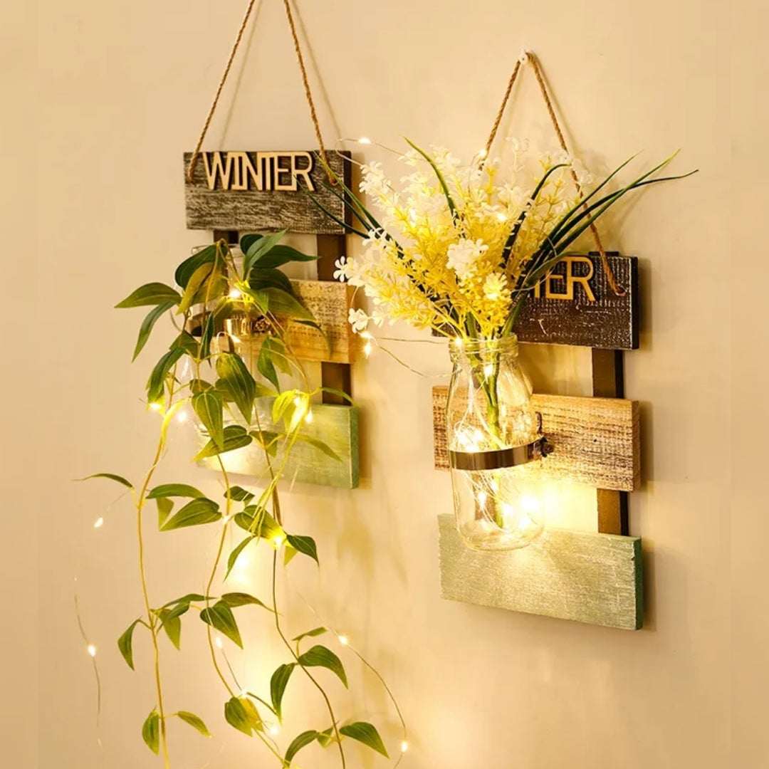 Led glass jar with flower arrangement in beautiful look wooden hanging.