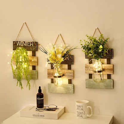 Led glass jar with flower arrangement in beautiful look wooden hanging.